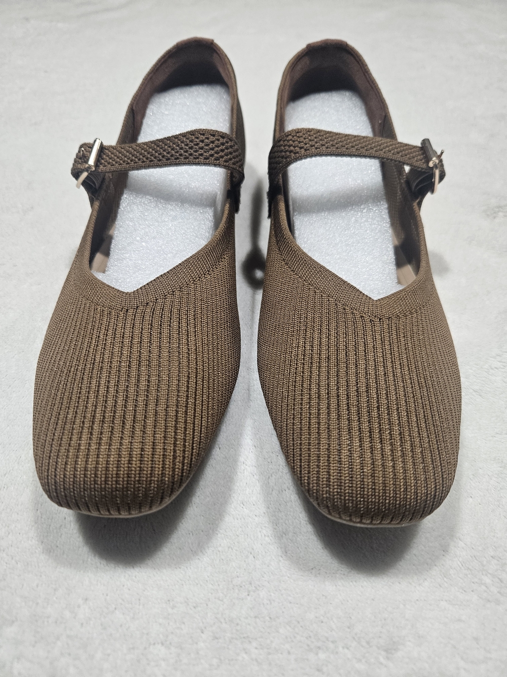 Elle Brown Knit Mary Jane Flats with Buckle Strap